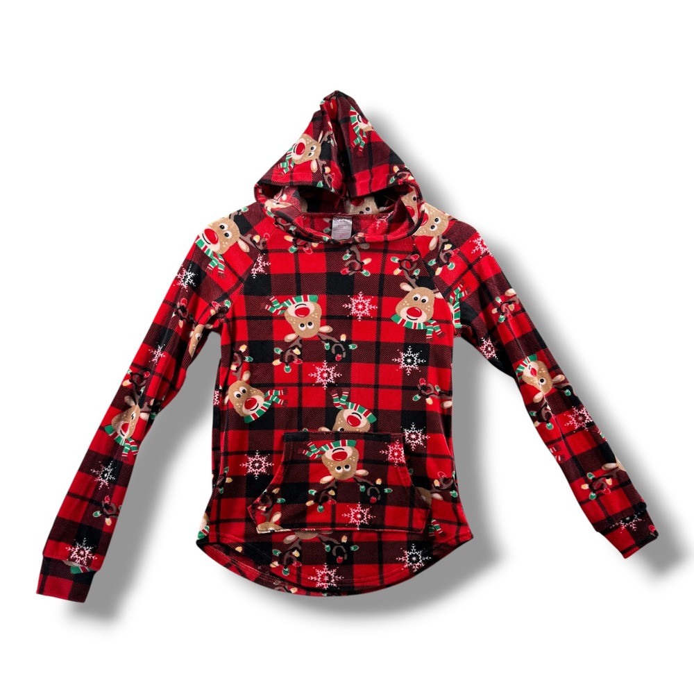 No Boundaries Kids Red Buffalo Plaid Reindeer Fleece Hoodie XS 1 Holiday Top